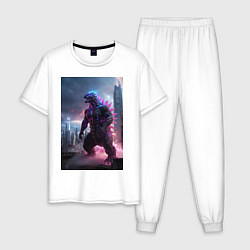 Пижама хлопковая мужская Годзилла посреди мегаполиса, цвет: белый