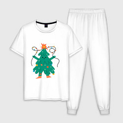 Пижама хлопковая мужская Новогодняя елка с ногами, цвет: белый