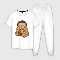 Мужская пижама Ежик с пледом согревается кофе