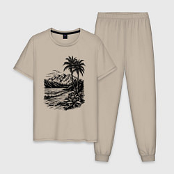 Пижама хлопковая мужская Тропический берег: горы, пальмы и море, цвет: миндальный