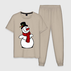 Пижама хлопковая мужская Весёлый снеговик, цвет: миндальный
