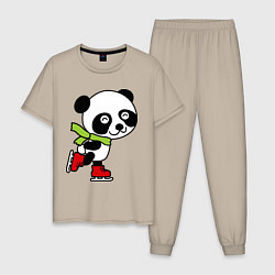 Пижама хлопковая мужская Панда на коньках, цвет: миндальный