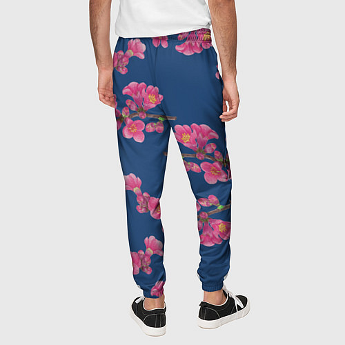 Мужские брюки Веточки айвы с розовыми цветами на синем фоне / 3D-принт – фото 4