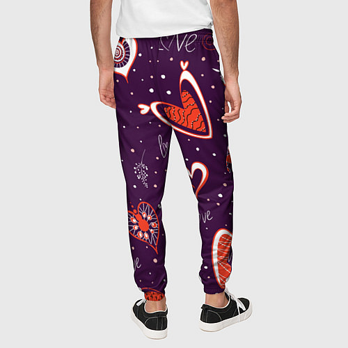 Мужские брюки Красно-белые сердечки и слово love на темно фиолет / 3D-принт – фото 4