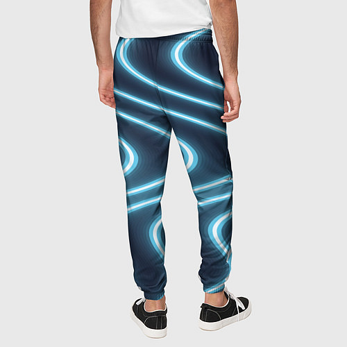 Мужские брюки Неоновый свет Волны голубые на темном фоне / 3D-принт – фото 4