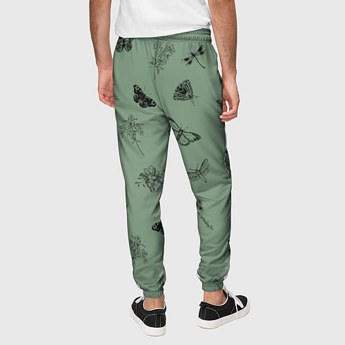 Мужские брюки Цветочки и бабочки на зеленом фоне / 3D-принт – фото 4