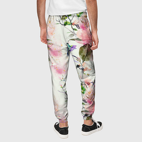 Мужские брюки Цветы Нарисованные Магнолии и Разноцветные Птицы / 3D-принт – фото 4