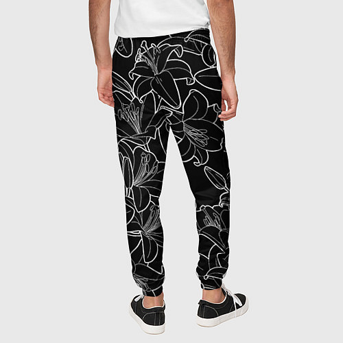 Мужские брюки Нежные цветы - лилии: черно белыи / 3D-принт – фото 4