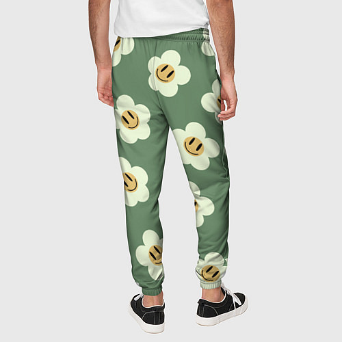 Мужские брюки Цветочки-смайлики: темно-зеленый паттерн / 3D-принт – фото 4