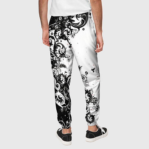 Мужские брюки Черно-белая птица среди узорчатых цветов / 3D-принт – фото 4