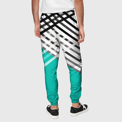 Мужские брюки Черно-белые переплетенные полосы на бирюзовом фоне / 3D-принт – фото 4