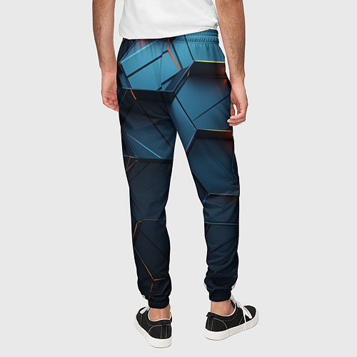 Мужские брюки Синие объемные плиты с оранжевыми вставками / 3D-принт – фото 4