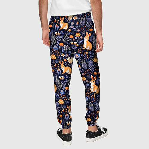 Мужские брюки Оранжевые зайчики в траве на синем фоне / 3D-принт – фото 4