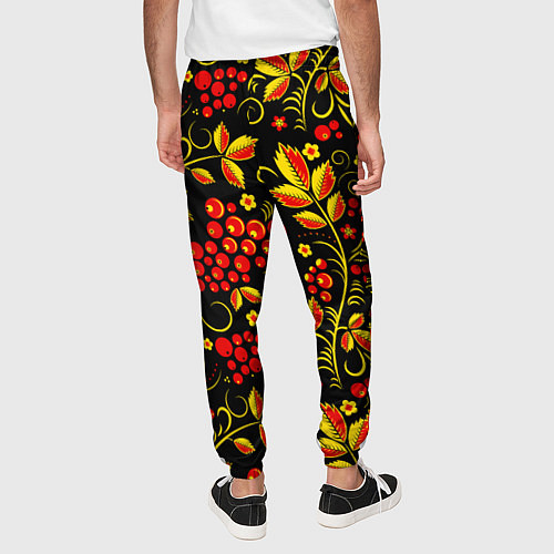 Мужские брюки Хохломская роспись золотистые листья чёрном фоне / 3D-принт – фото 4