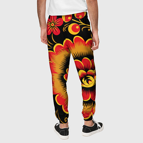 Мужские брюки Хохломская роспись красно-жёлтые цветы на чёрном ф / 3D-принт – фото 4