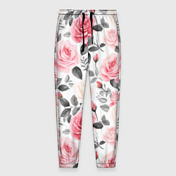 Брюки на резинке мужские Розовые розы и серые листочки - паттерн, цвет: 3D-принт