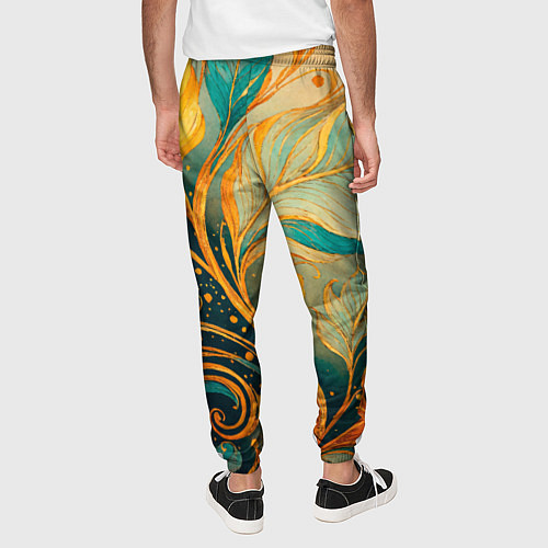 Мужские брюки Золотые и бирюзовые листья абстракция / 3D-принт – фото 4
