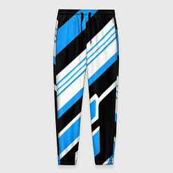 Брюки на резинке мужские Бело-синие полосы на чёрном фоне, цвет: 3D-принт