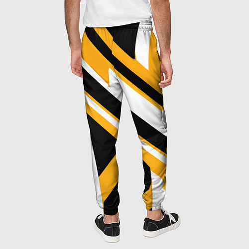 Мужские брюки Чёрно-белые полосы и фигуры на жёлтом фоне / 3D-принт – фото 4