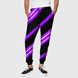 Брюки на резинке мужские Чёрно-белые полосы на фиолетовом фоне, цвет: 3D-принт — фото 2