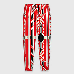 Мужские брюки Бело-красные техно полосы на чёрном фоне
