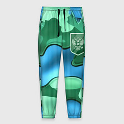 Брюки на резинке мужские Зелено-голубой камуфляж и герб РФ, цвет: 3D-принт
