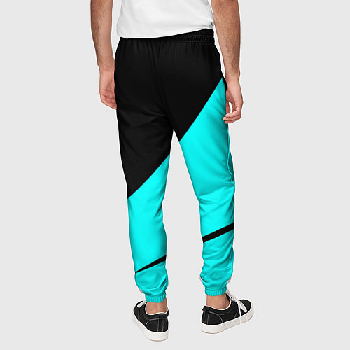 Мужские брюки Чёрный и неоновый голубой двуцветный с полосой / 3D-принт – фото 4
