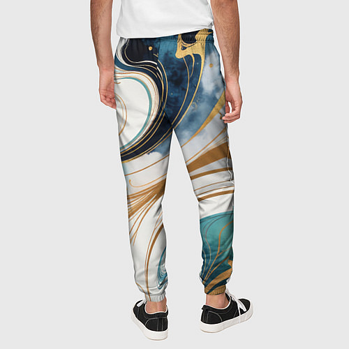 Мужские брюки Аквамарин и оранж узор с завитками / 3D-принт – фото 4