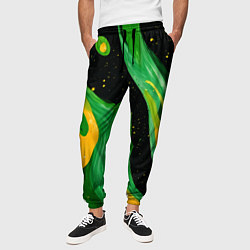 Брюки на резинке мужские Зелено-желтая краска на черном, цвет: 3D-принт — фото 2