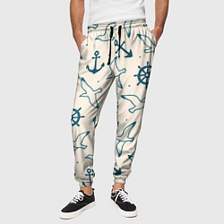 Брюки на резинке мужские Морской паттерн из штурвалов, чаек и якорей, цвет: 3D-принт — фото 2