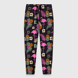 Брюки на резинке мужские Фламинго и листья на темно-синем, цвет: 3D-принт