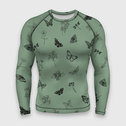 Рашгард мужской Цветочки и бабочки на зеленом фоне, цвет: 3D-принт