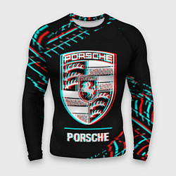 Рашгард мужской Значок Porsche в стиле Glitch на темном фоне, цвет: 3D-принт