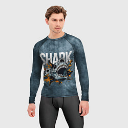 Рашгард мужской С акулой в стиле Арт на синем мраморе, цвет: 3D-принт — фото 2