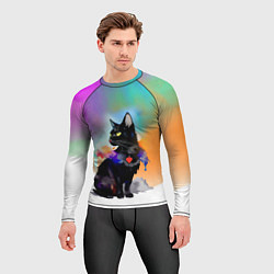 Рашгард мужской Чёрная кошечка с сердечком на груди, цвет: 3D-принт — фото 2