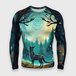 Рашгард мужской Волк в ночном лесу фолк-арт, цвет: 3D-принт
