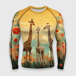 Рашгард мужской Три жирафа в стиле фолк-арт, цвет: 3D-принт