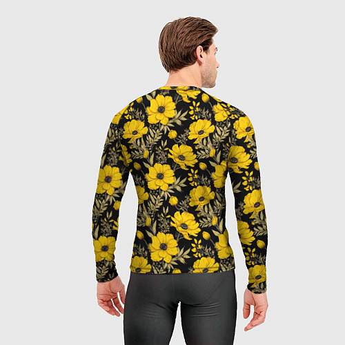 Мужской рашгард Желтые цветы на черном фоне паттерн / 3D-принт – фото 4