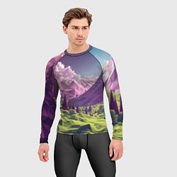 Рашгард мужской Геометрический зеленый пейзаж и фиолетовые горы, цвет: 3D-принт — фото 2