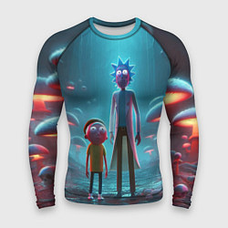 Рашгард мужской Морти и Рик в сказочном неоновом грибном лесу, цвет: 3D-принт