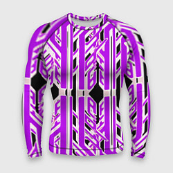 Рашгард мужской Бело-фиолетовые техно полосы на чёрном фоне, цвет: 3D-принт