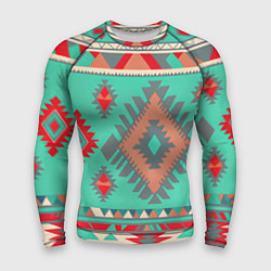 Рашгард мужской Оранжево бирюзовый геометрический узор в стиле ацт, цвет: 3D-принт