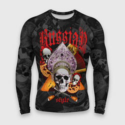 Рашгард мужской Череп в кокошнике на фоне матрёшек и балалаек, цвет: 3D-принт