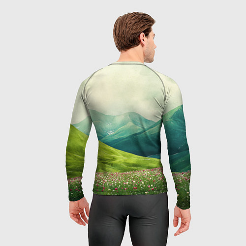 Мужской рашгард Горы и поле с цветами - зеленый пейзаж / 3D-принт – фото 4