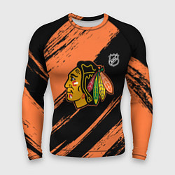 Рашгард мужской Чикаго Блэкхокс - фон с оранжевыми потертостами, цвет: 3D-принт