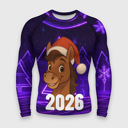 Мужской рашгард 2026 новогодняя лошадка на фоне фиолетовых елок