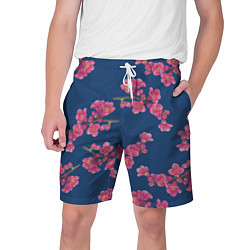Мужские шорты Веточки айвы с розовыми цветами на синем фоне