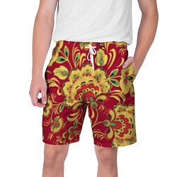 Шорты на шнурке мужские Хохломская Роспись Цветы На красном Фоне, цвет: 3D-принт