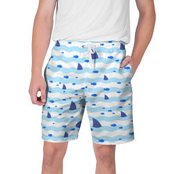 Шорты на шнурке мужские Волны, рыбки и плавники акул - паттерн, цвет: 3D-принт