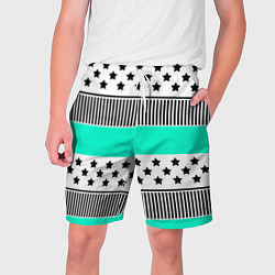 Шорты на шнурке мужские Комбинированный полосатый черно-голубой узор, цвет: 3D-принт